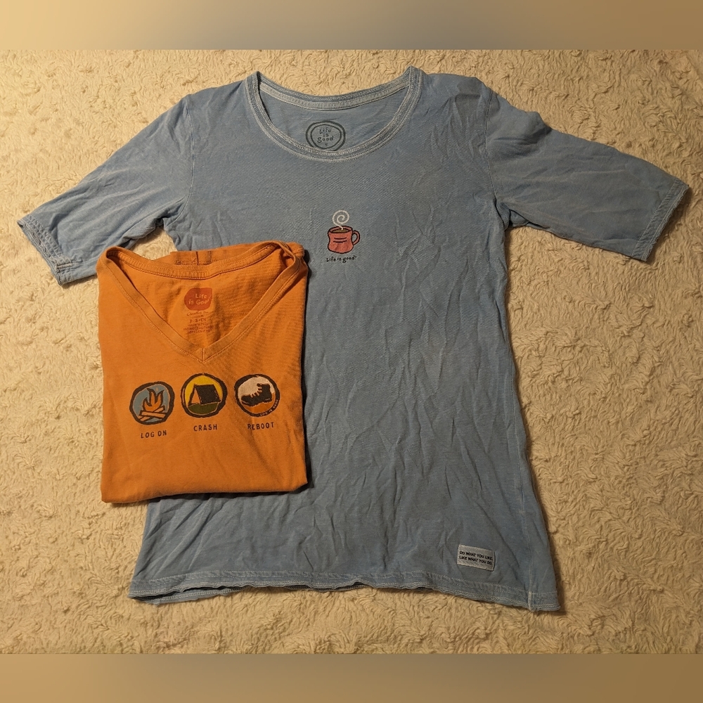 Life Is Good Cotton Camping and Coffee T-Shirt Bundle sz S Outdoor